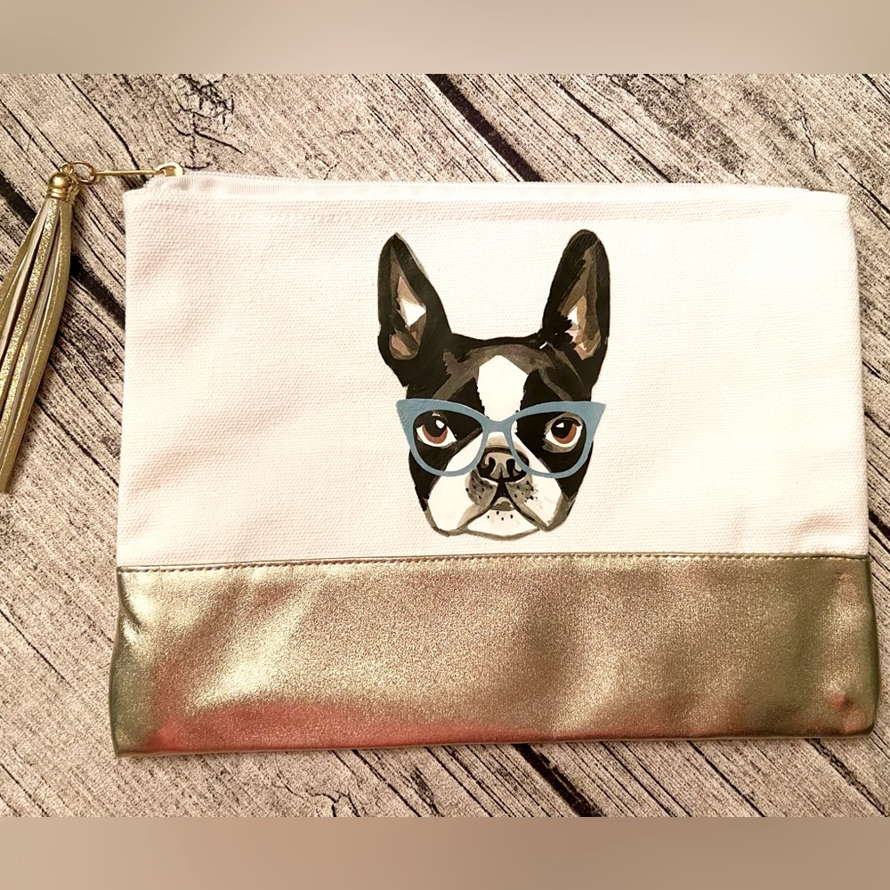 NEW. Large cotton canvas bag with faux golden leather. Cute dog vinyl print.